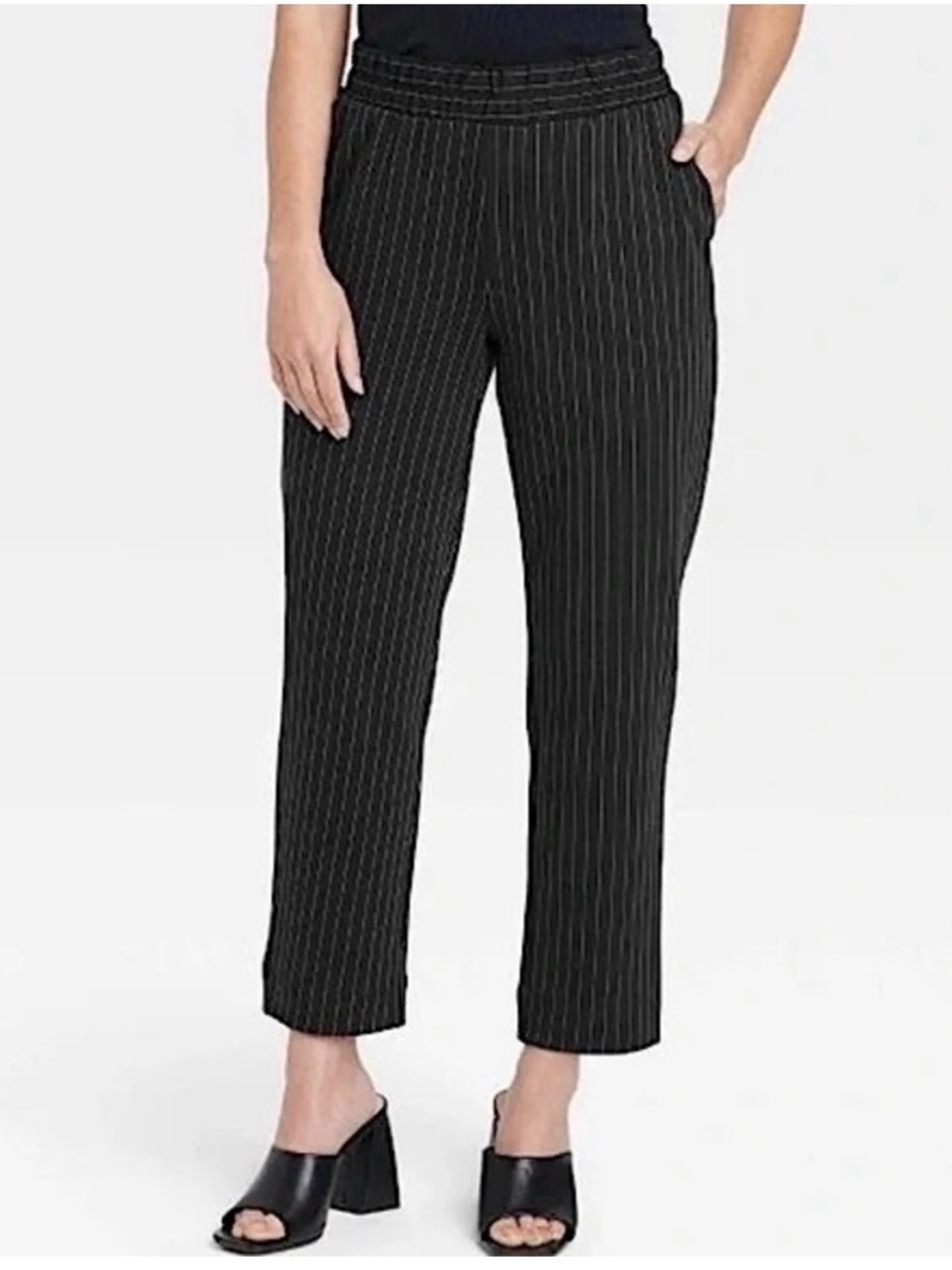 A New Day Black Pinstripe High Rise Pull On Straight Fit Ankle Pants Size L